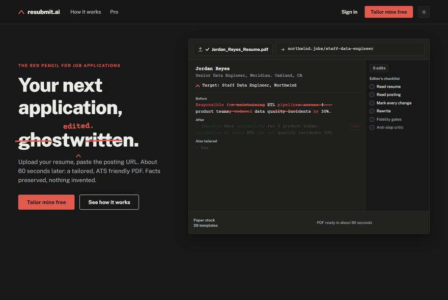 resubmit.ai: the résumé you have, edited for the job you found, with every change marked